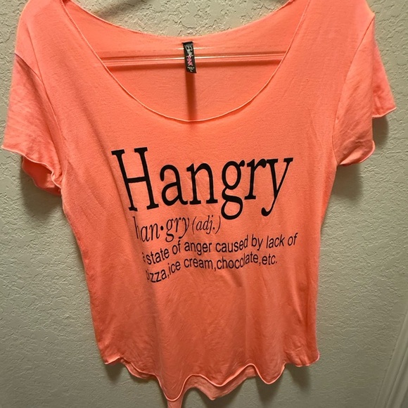 Coral Off Shoulder “Hangry” Graphic Tee Size Large - Picture 1 of 5